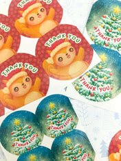 exclusive handmade designed uk stickers thank you christmas festive snow globe red squirrel tree blue large small 25mm 37mm uk cute kawaii original stationery designer artwork packaging supplies sugar mochi sugarmochi