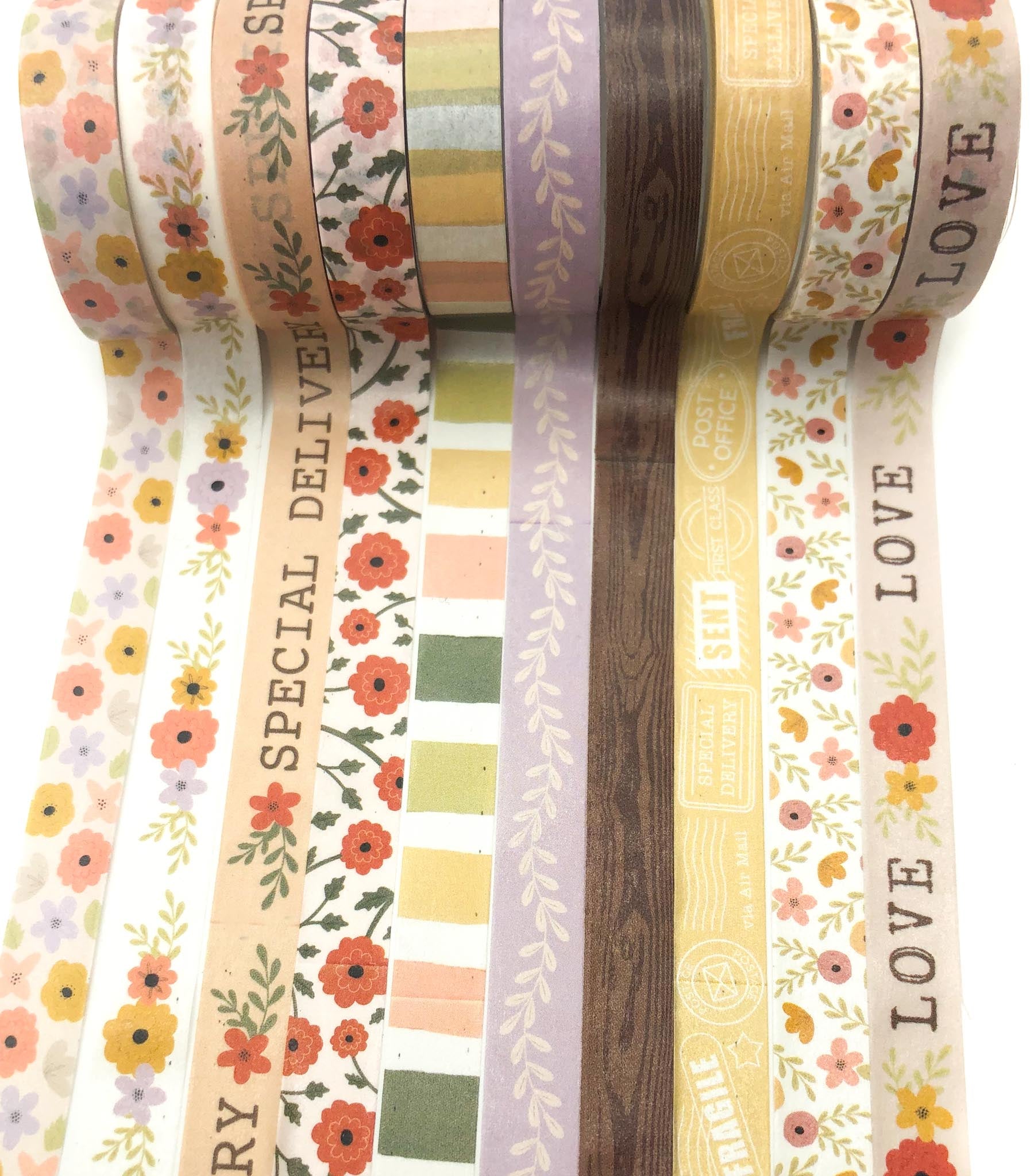 muted pastel soft colours narrow 10mm washi tape tapes slim woodland poppy foliage leaves flowers uk cute kawaii stationery flower floral cream brown lilac red yellow