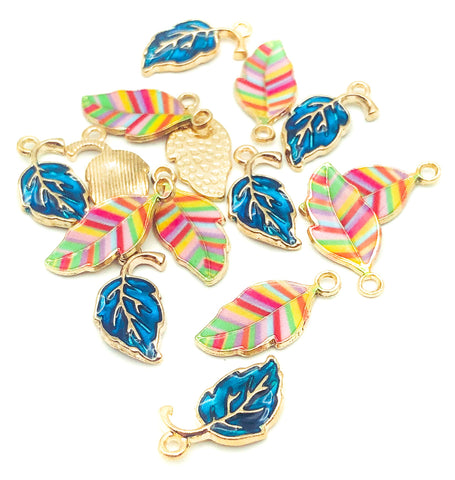 leaf charm enamel rainbow or teal blue leaves gold tone metal uk craft supplies striped stripy charms