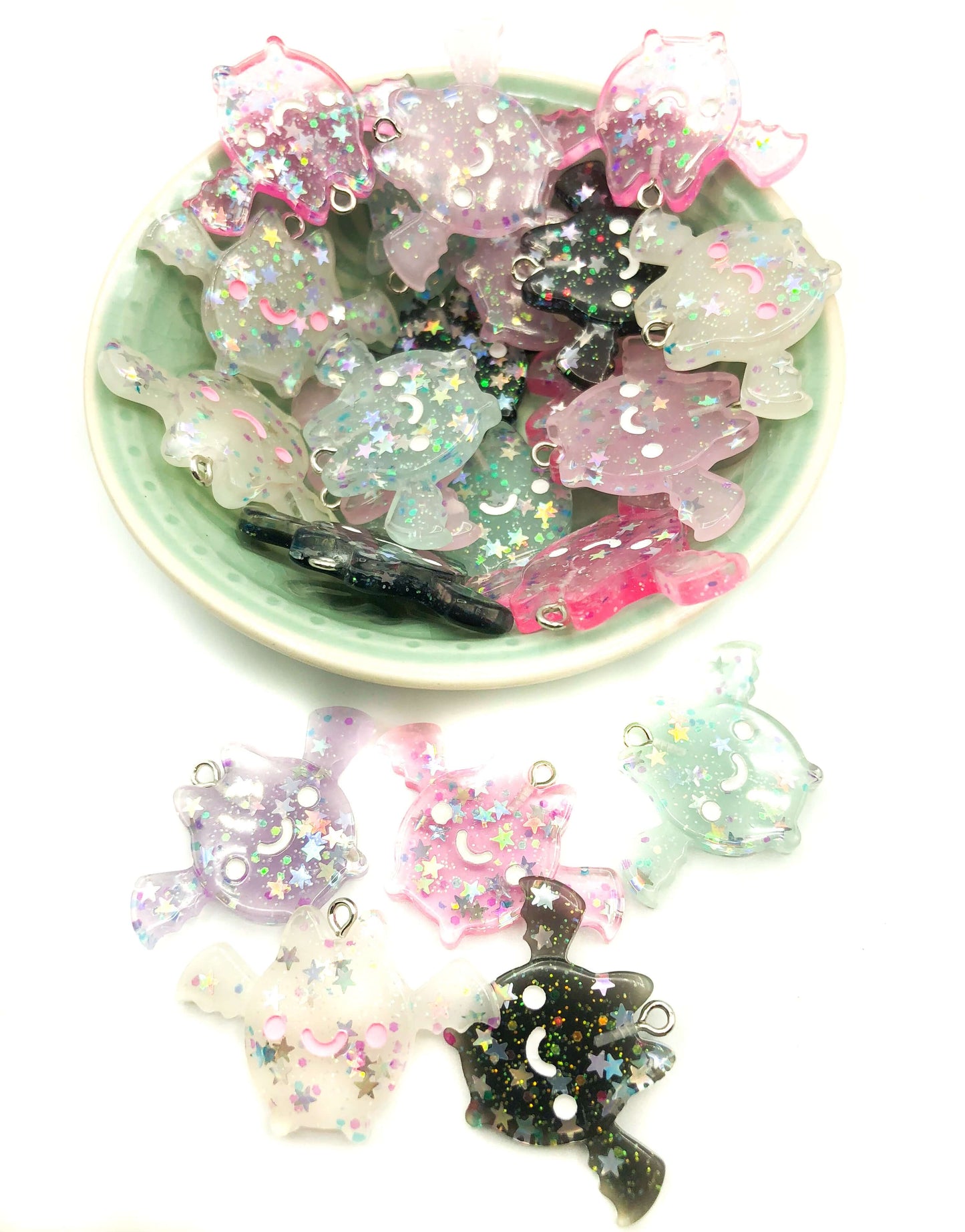 glitter resin bat bats charm charms uk kawaii cute craft supplies pink black turquoise white glittery pendants