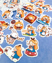 cute pretty kawaii alice in wonderland pack of 40 sticker stickers flake flakes die cut cuts bright fun gift uk stationery white rabbit mad hatter glossy white
