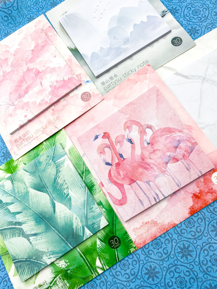 sticky memo pad note notes nature waves sea ocean palm leaf leaves green flamingo flamingos trees skyline japanese uk cute kawaii stationery
