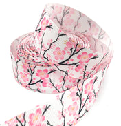 pink oriental cherry blossom ribbon grosgrain 25mm wide uk cute kawaii craft supplies pink white
