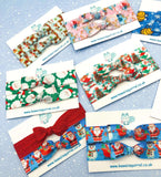 handmade hair tie ties bow bows duo pair set festive santa reindeer snowmen snowman uk cute kawaii bee bees red blue green trees gift