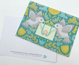 vintage retro dove doves bird birds carrying letter envelope happy mail william morris yellow mustard green blue turquoise grey muted colours postcard post card cards handmade art artist exclusive uk cute kawaii stationery postcards thank you