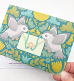 vintage retro dove doves bird birds carrying letter envelope happy mail william morris yellow mustard green blue turquoise grey muted colours postcard post card cards handmade art artist exclusive uk cute kawaii stationery postcards thank you