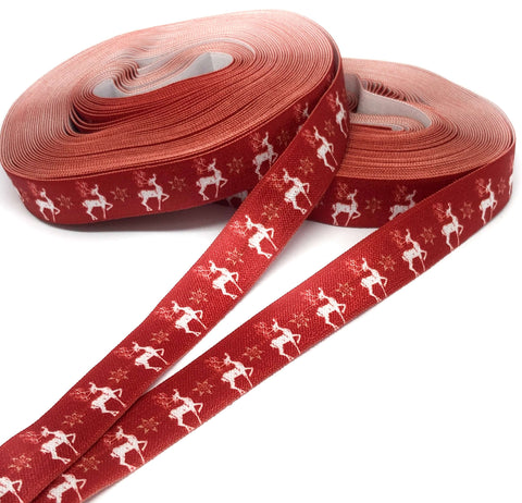 red and white deer reindeer fold over elastic 15mm ribbon yard festive christmas ribbons