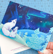arctic fox white foxes and hare hares rabbit polar snow winter blue northern lights post card postcard uk art original kawaii cute stationery turquoise sky stars magical night fir trees eco recycled