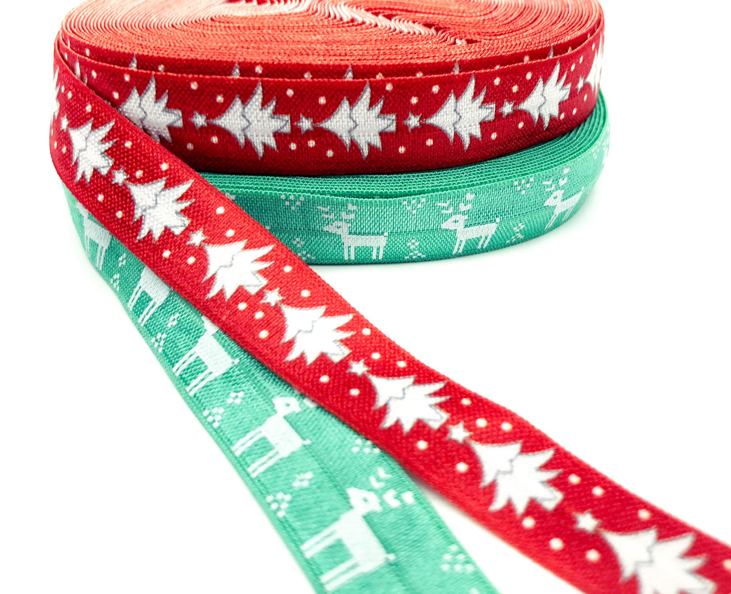 scandi fold over elastic ribbon yard elastics christmas tree trees red reindeer deer turquoise green nordic scandinavian uk cute kawaii craft supplies foe festive