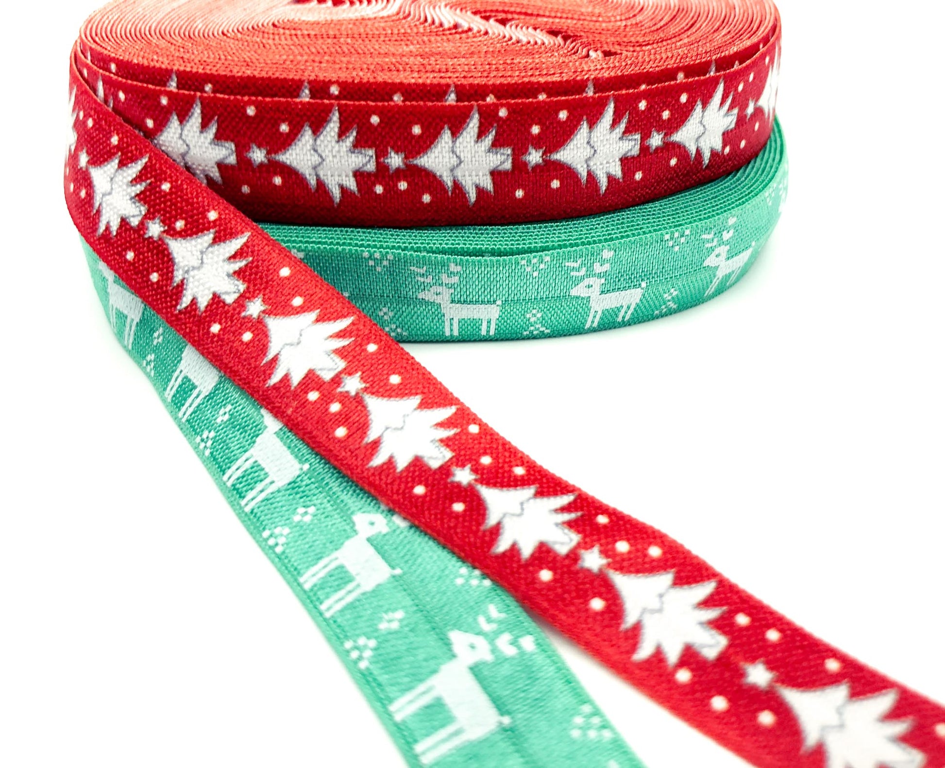 scandi fold over elastic ribbon yard elastics christmas tree trees red reindeer deer turquoise green nordic scandinavian uk cute kawaii craft supplies foe festive