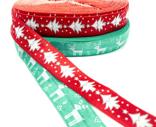 scandi fold over elastic ribbon yard elastics christmas tree trees red reindeer deer turquoise green nordic scandinavian uk cute kawaii craft supplies foe festive