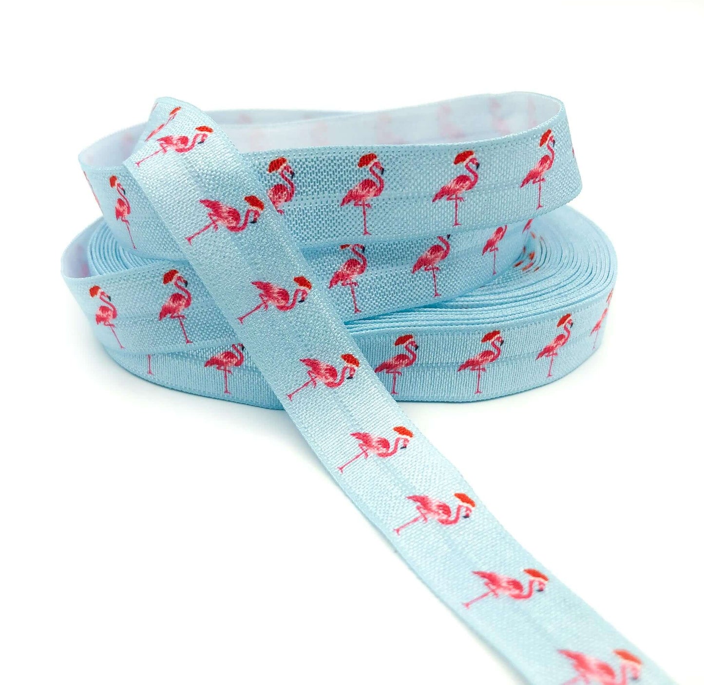 festive flamingo christmas flamingos fold over elastic ribbon yard cute kawaii uk craft supplies wearing santa hat hats pink blue ribbons elastics foe