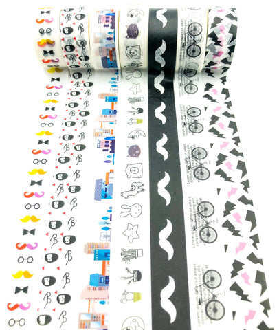 black and white washi tape quirky monochrome building moustache bike bicycle uk cute stationery kawaii