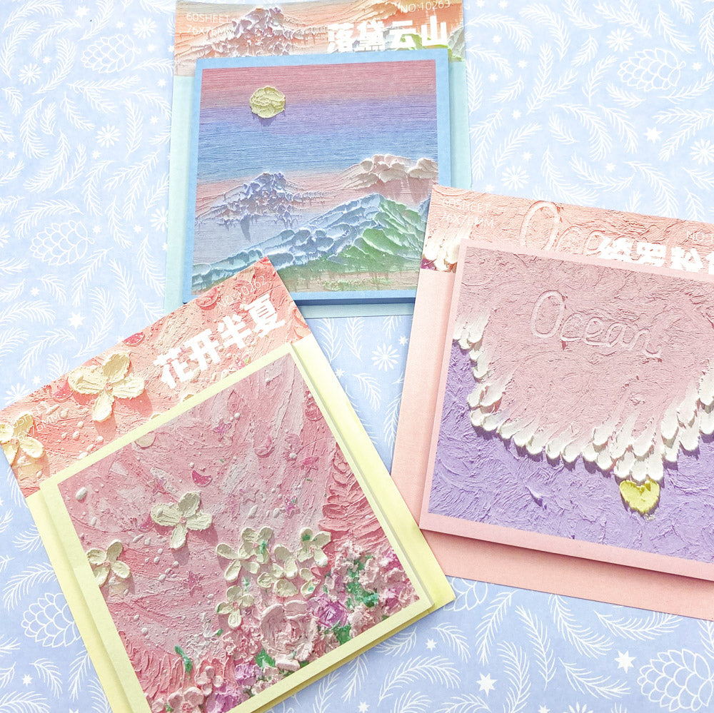 oil painting art design sticky memo pad note notes floral water waves mountains ocean uk cute kawaii stationery pink lilac purple sea cherry blossom flowers flower sky moonlight moon lilac