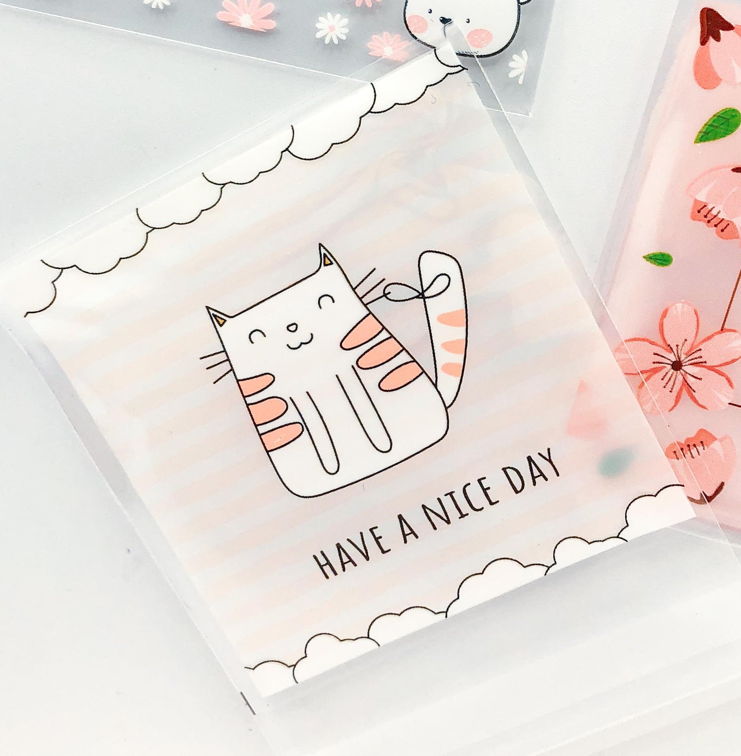 pink and pretty floral spring cello cellophane bag bags clear printed packaging supplies cat cats bunny rabbit rabbits easter rose cherry blossom uk