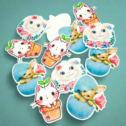 easter spring acrylic planar flat back flatback fbs embellishments large cat cats plant pot egg eggs bunny rabbit rabbits bunnies flowers uk cute kawaii craft supplies
