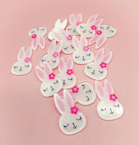 white and pink glitter glittery glossy acrylic resin bunny rabbit rabbits bunnies easter spring flat back fb fbs flatbacks uk cute kawaii craft supplies flower pretty