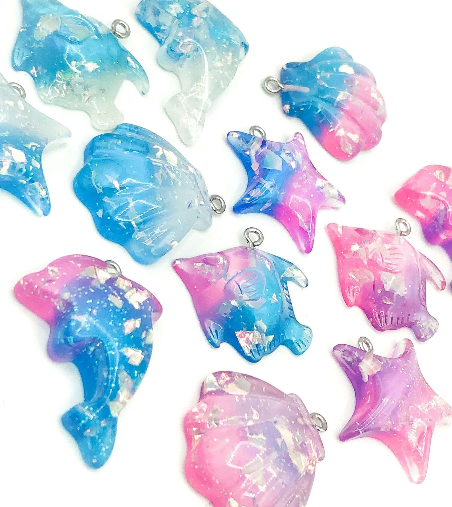 glitter resin ocean sea creatures charm charms pendant pendants dolphin fish shell shells starfish uk cute kawaii craft supplies