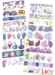 sheet of washi strips paper strip translucent purple kawaii theme cute stationery uk lilac animal koala fruit crystals 