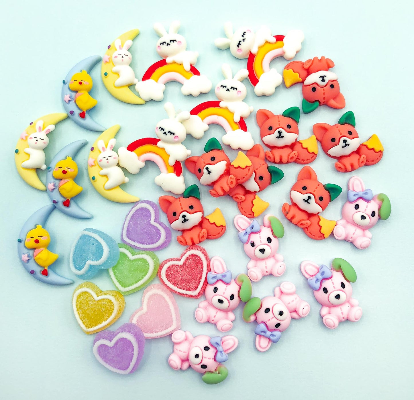 cute kawaii resin flatback flat back backs fbs acrylic embellishment uk cute craft supplies bunny rabbit bunnies rabbits moon duck ducks fox foxes heart hearts pretty spring easter rainbow