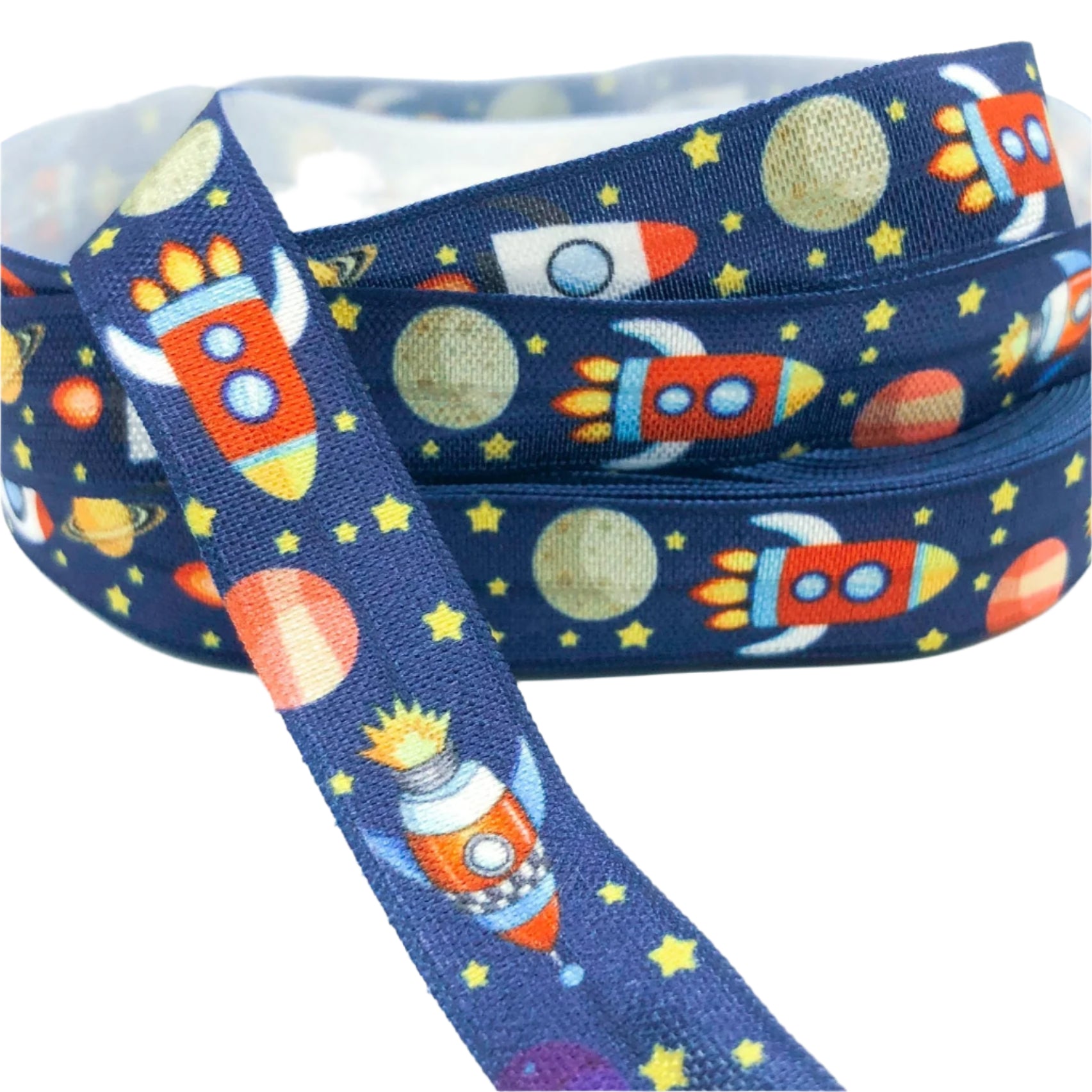 space rocket moon planet planets fold over elastic ribbon ribbons elastics dark blue foe uk cute kawaii craft supplies