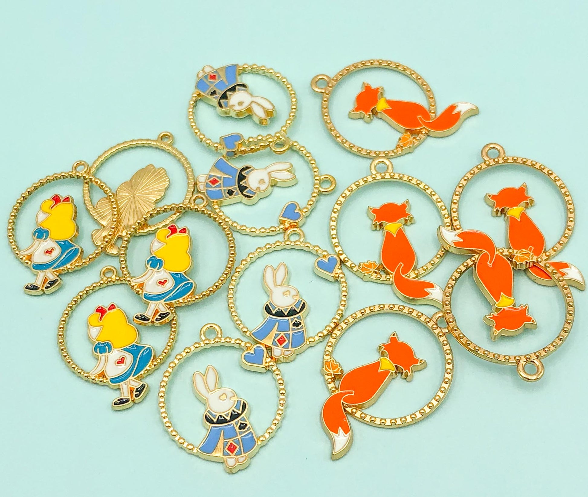 large alice in wonderland white rabbit fox hoop charm pendant pendants charms gold tone metal enamel uk cute kawaii crafts supplies foxes