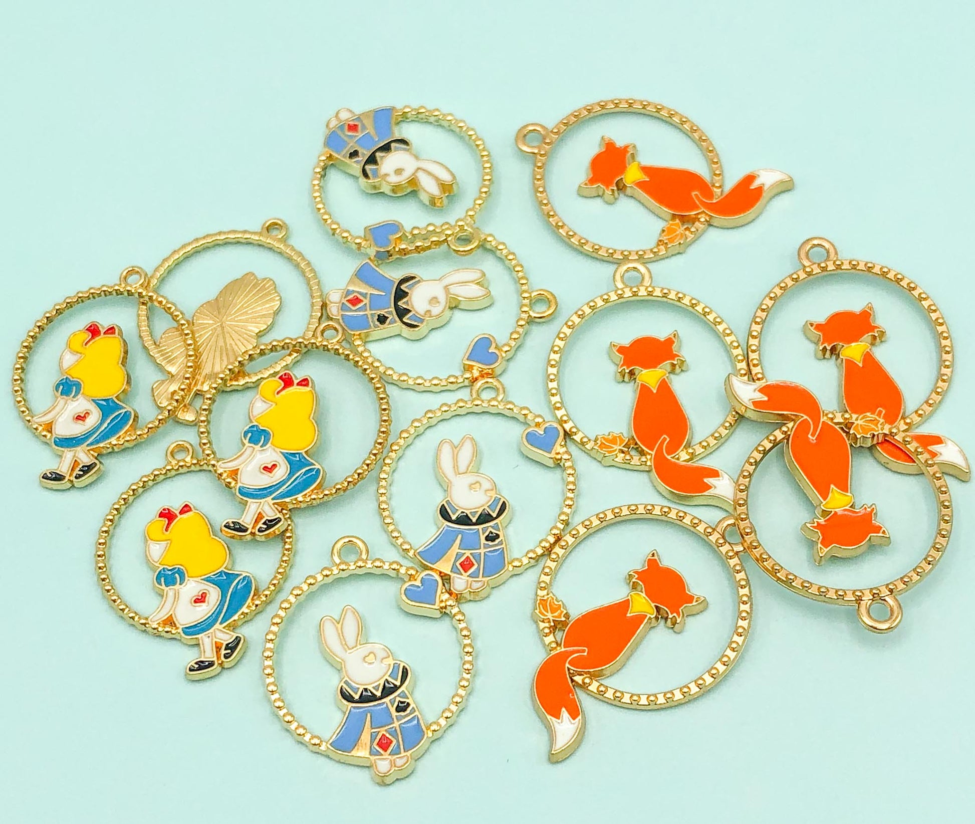 large alice in wonderland white rabbit fox hoop charm pendant pendants charms gold tone metal enamel uk cute kawaii crafts supplies foxes