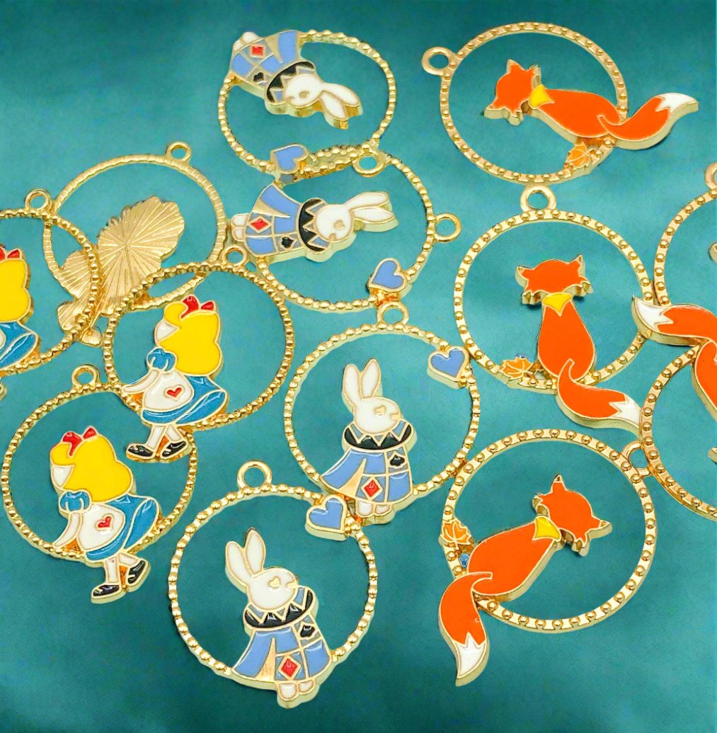 large alice in wonderland white rabbit fox hoop charm pendant pendants charms gold tone metal enamel uk cute kawaii crafts supplies foxes