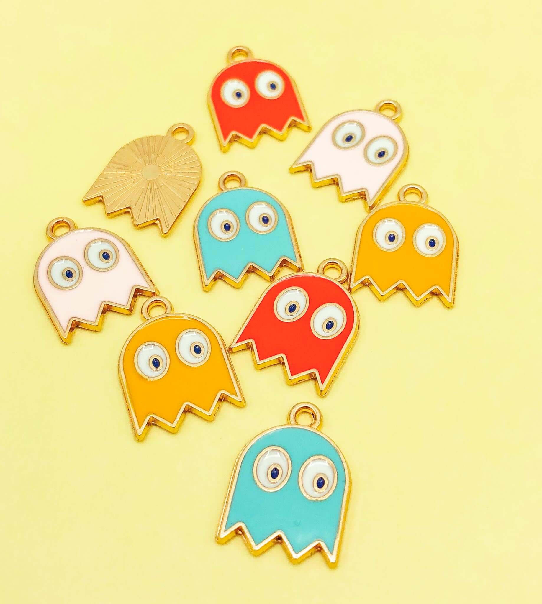 cute googly eye eyed funny ghost ghosts pac man pacman charm charms pendant gold tone metal enamel uk cute kawaii craft supplies halloween spooky orange red yellow blue pale pink