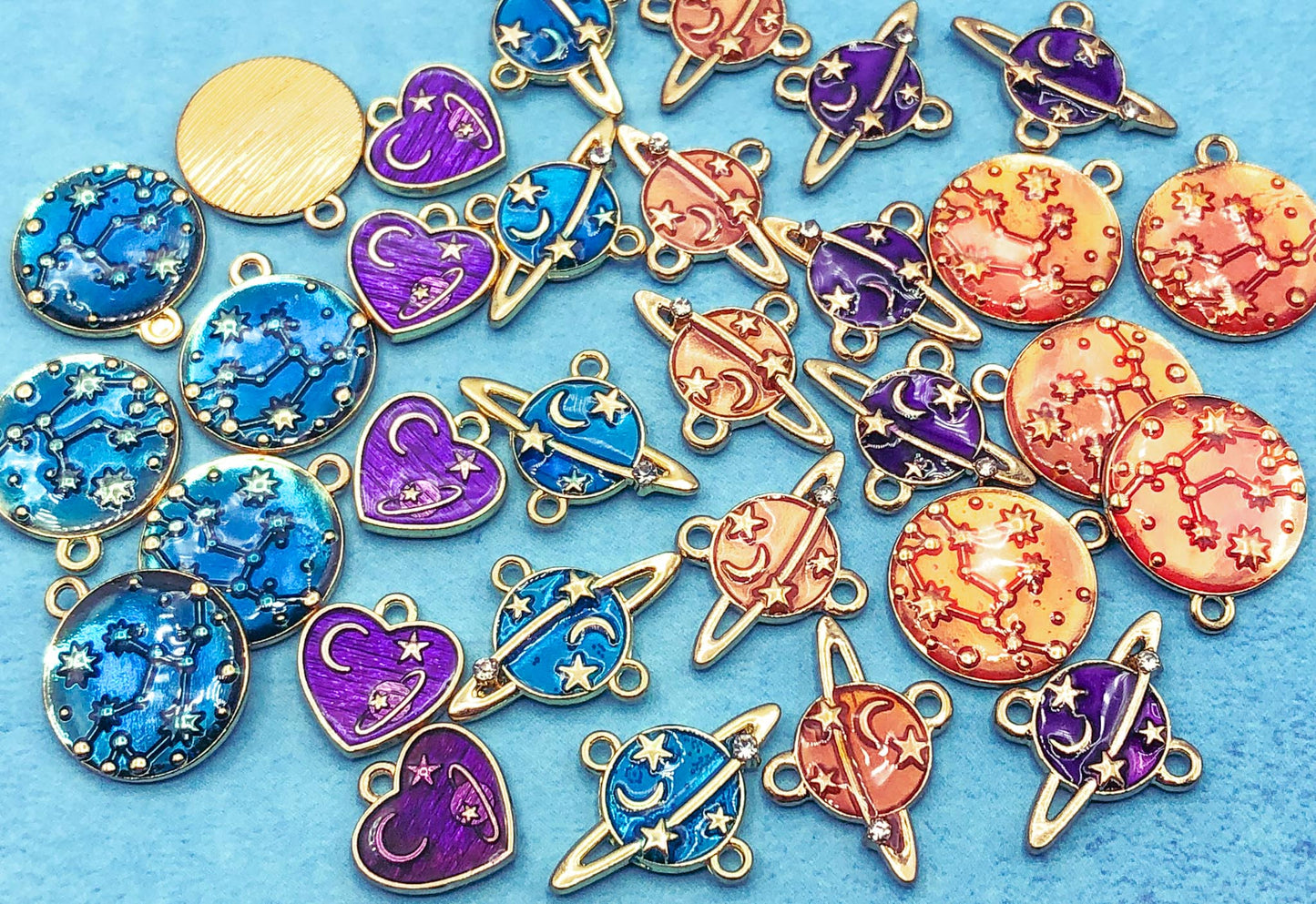 planet planets stars galaxy space themed gold tone rhinestone metal charm charms blue purple orange uk cute kawaii craft supplies heart