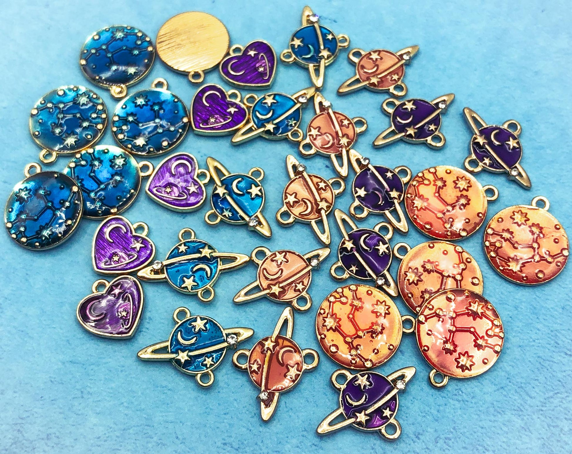 planet planets stars galaxy space themed gold tone rhinestone metal charm charms blue purple orange uk cute kawaii craft supplies heart