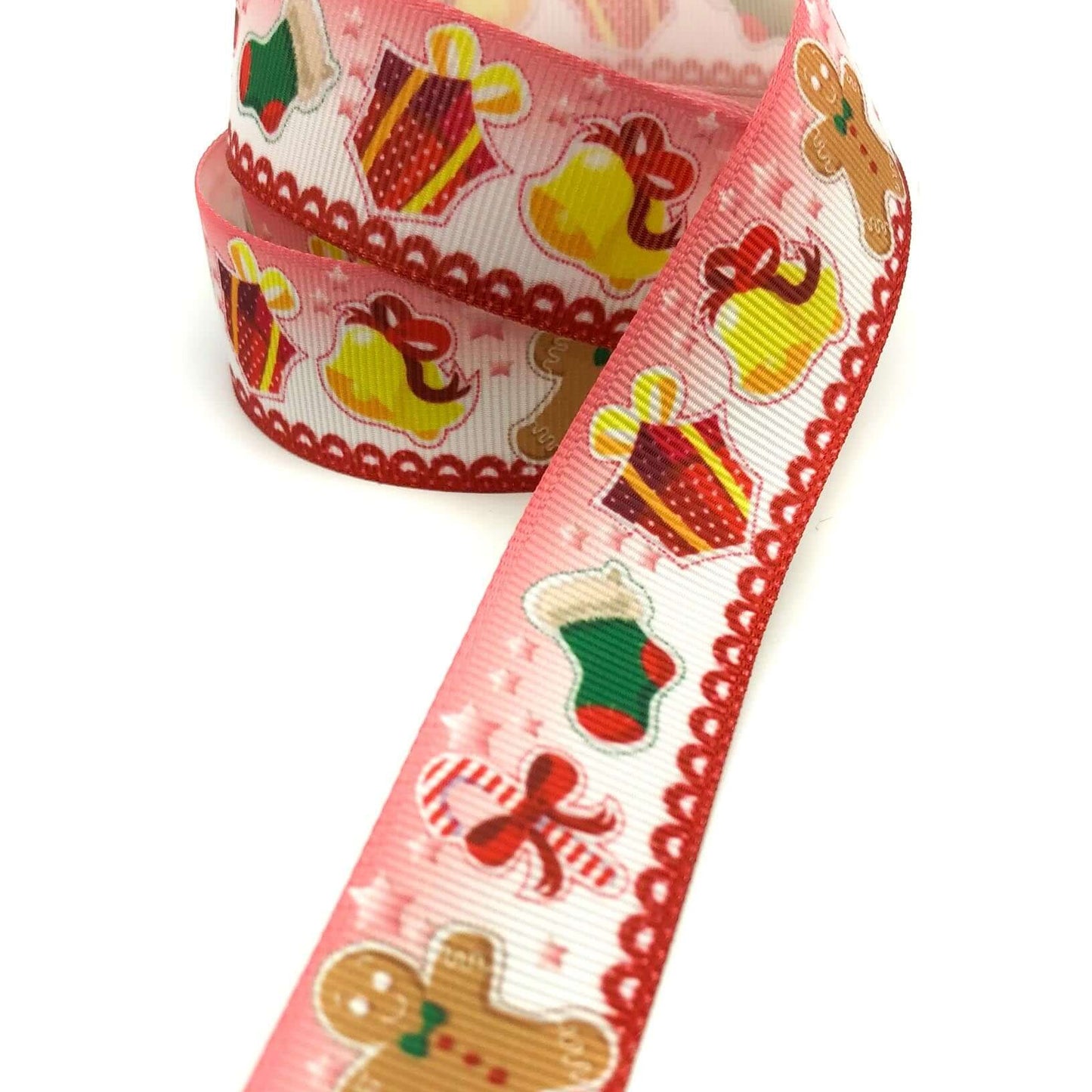 grosgrain christmas festive motifs ribbon ribbons 25mm wide uk cute kawaii craft supplies gingerbread man bell bells candy cane