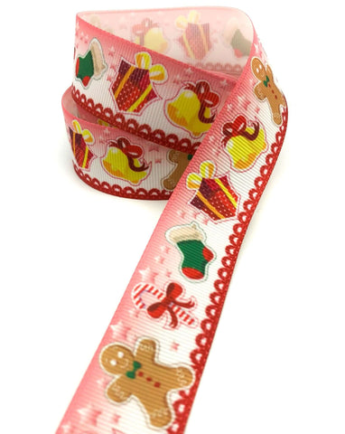 grosgrain christmas festive motifs ribbon ribbons 25mm wide uk cute kawaii craft supplies gingerbread man bell bells candy cane