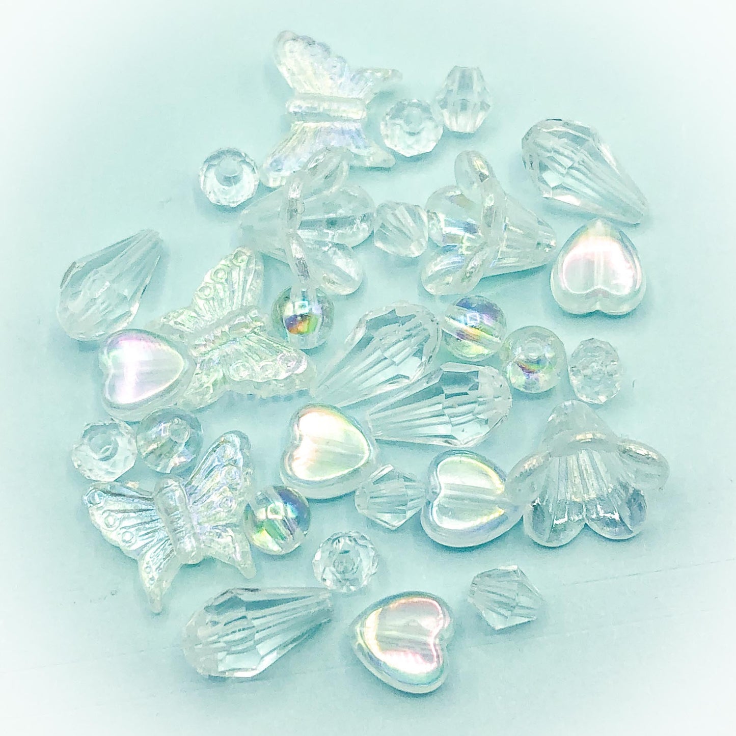 clear iridescent ab aurora borealis beads acrylic plastic bundle mixed bead heart teardrop butterfly round cute kawaii uk craft supplies transparent