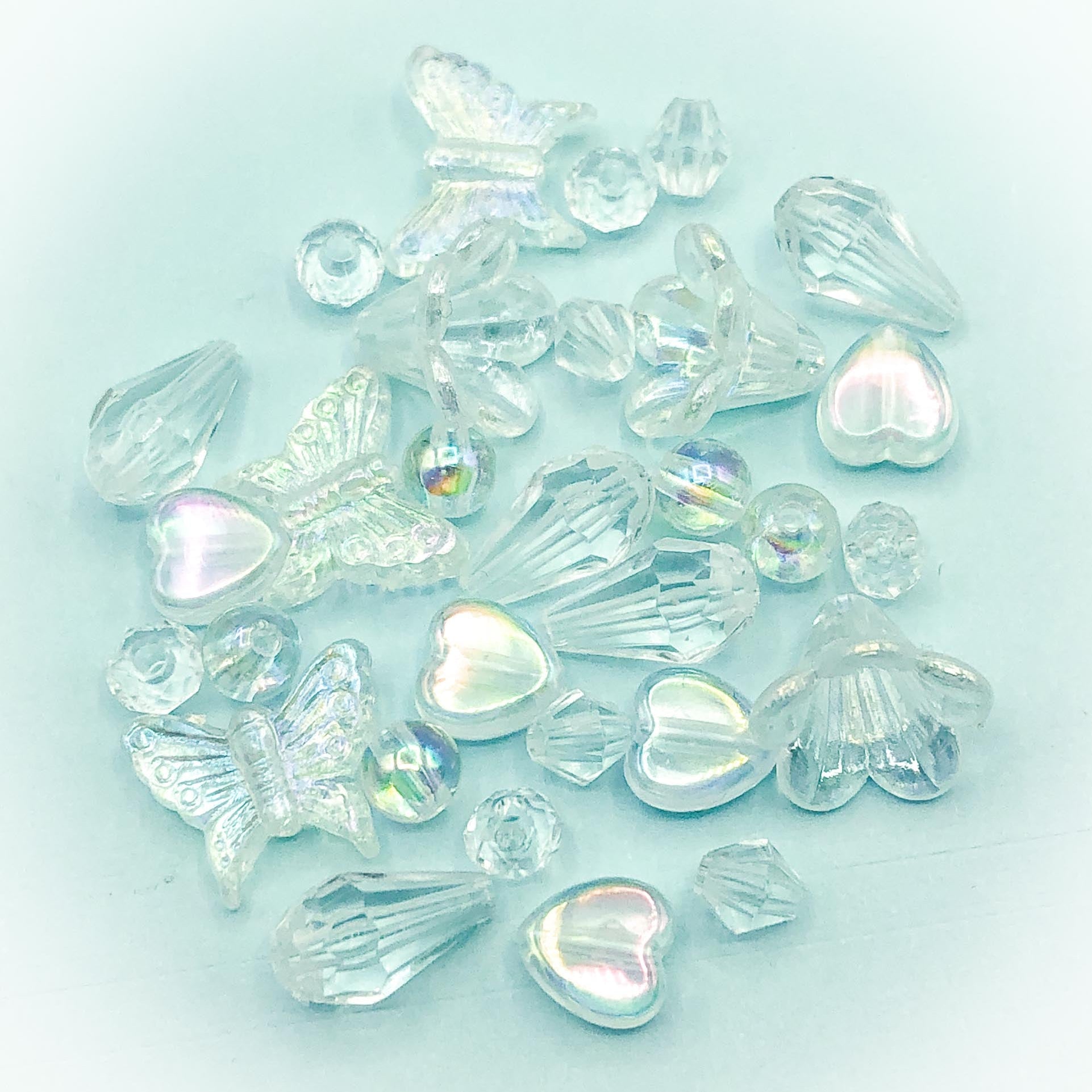 clear iridescent ab aurora borealis beads acrylic plastic bundle mixed bead heart teardrop butterfly round cute kawaii uk craft supplies transparent