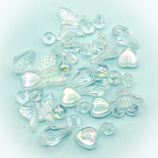clear iridescent ab aurora borealis beads acrylic plastic bundle mixed bead heart teardrop butterfly round cute kawaii uk craft supplies transparent