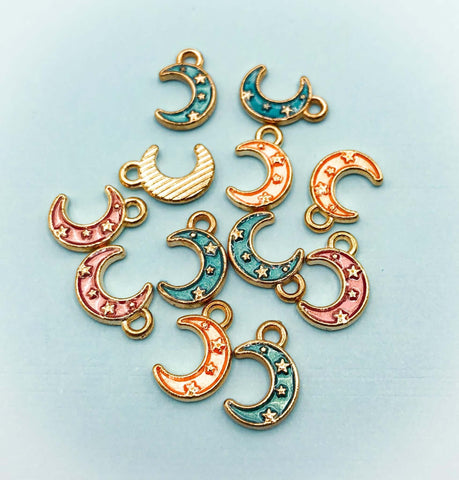 crescent moon galaxy small gold tone metal charm charms uk cute kawaii craft supplies pink rose teal green blue space jewellery supplies stars