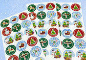 children's kids child sticker sheet christmas festive round small stickers seals cute kawaii uk gift gifts sheet tree elf santa penguin sleigh candy canes 9 or 18