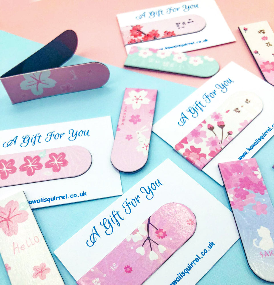 cherry blossom bookmark magnetic bookmarks cute kawaii gifts uk spring blossoms floral book mark cat rabbit turquoise blue white pretty uk kawaii stationery gift gifts flowers spring pink fold over magnet present book lover planner