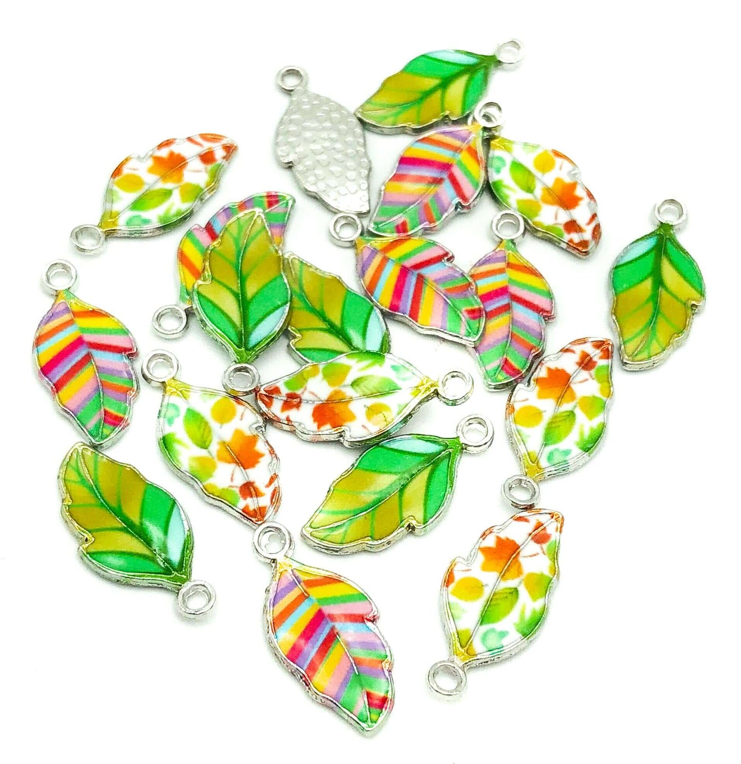 leaf charm charms silver tone metal enamel green rainbow autumn leaves uk craft supplies