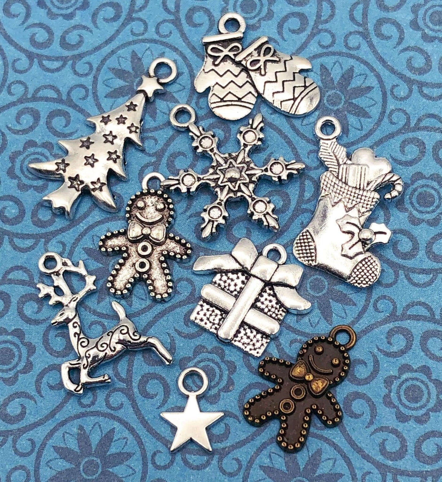christmas festive tibetan silver charm charms bundle antique bronze tone metal uk cute kawaii craft supplies gingerbread man tree deer snowflake