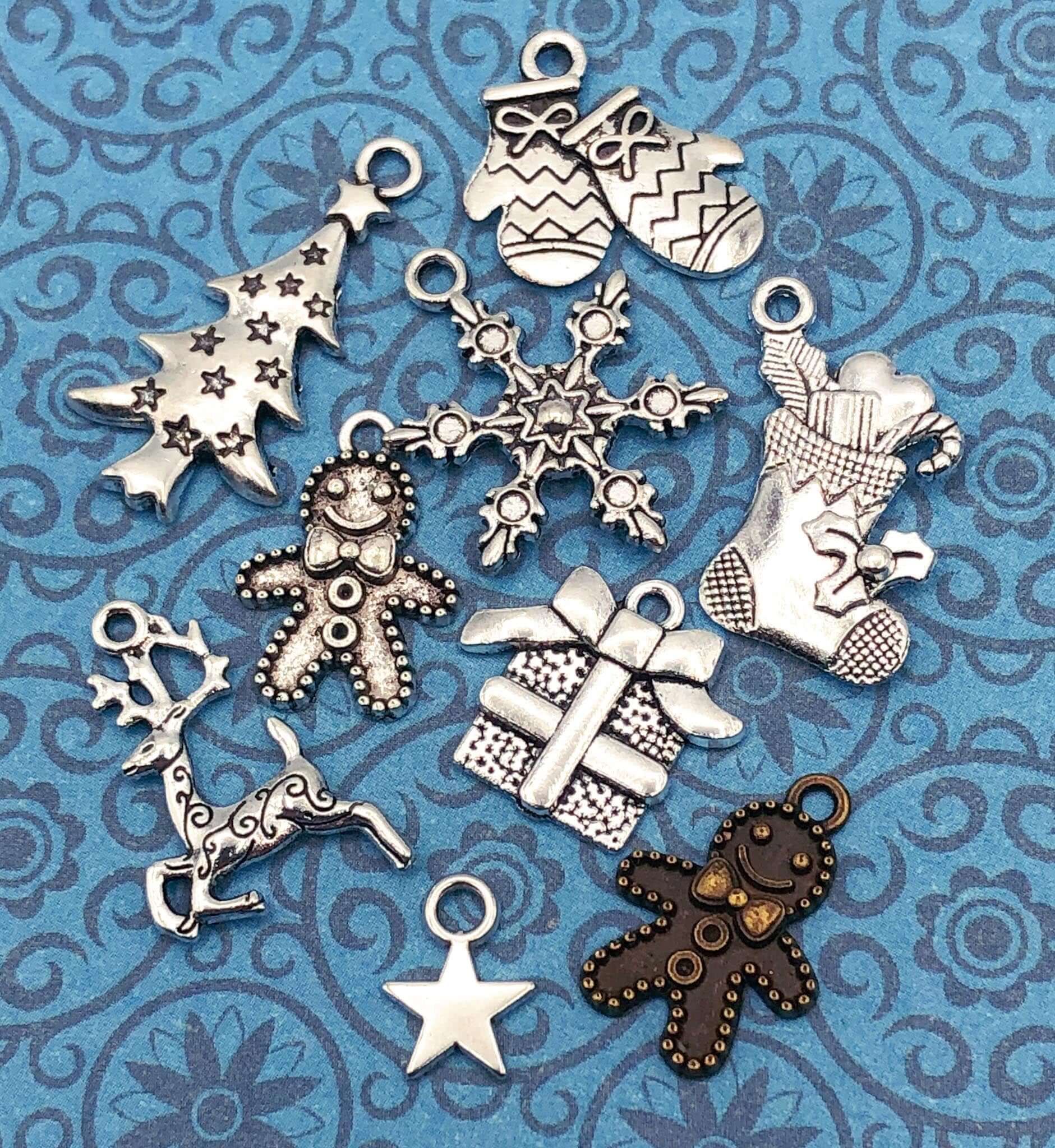 christmas festive tibetan silver charm charms bundle antique bronze tone metal uk cute kawaii craft supplies gingerbread man tree deer snowflake