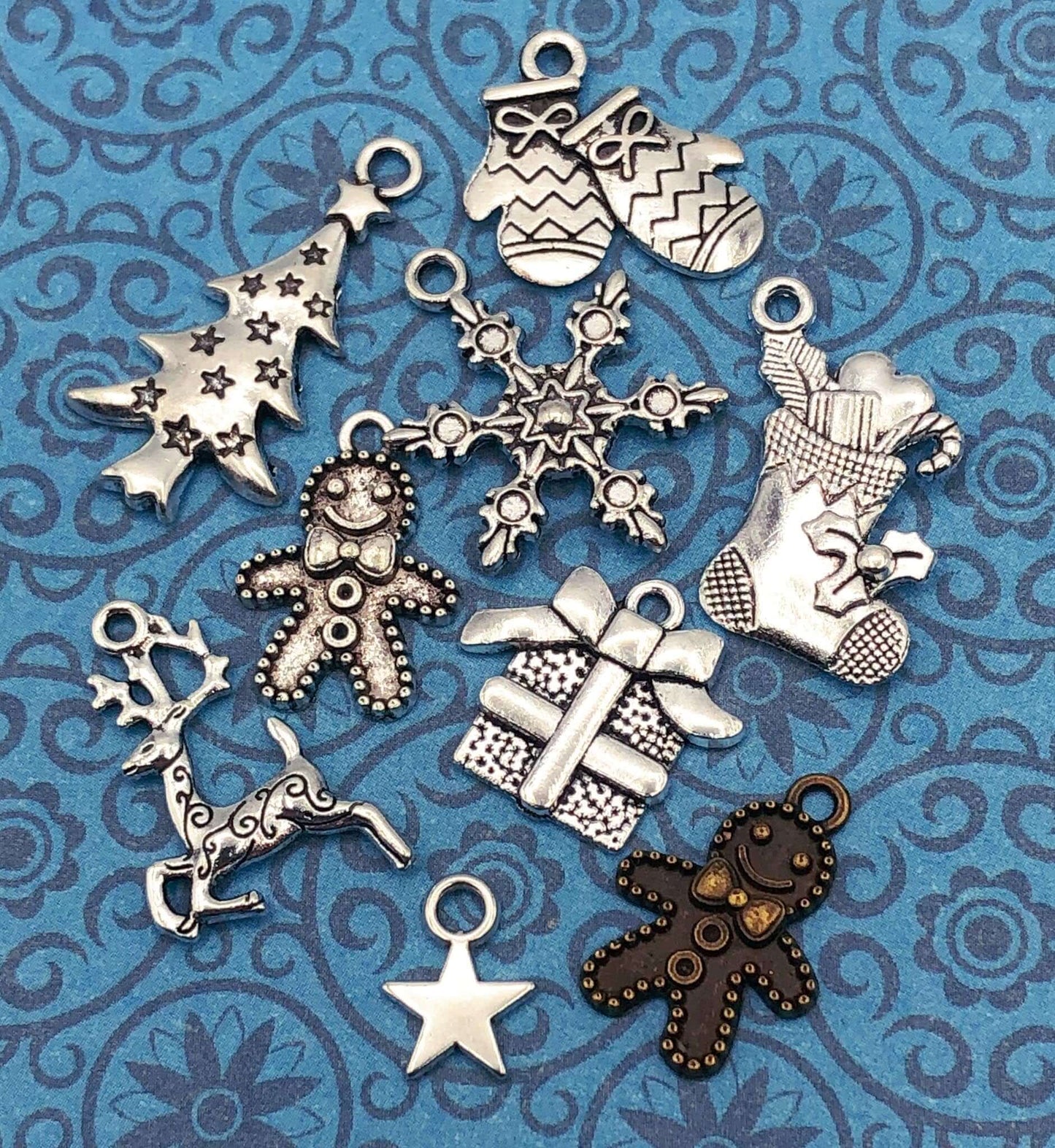 christmas festive tibetan silver charm charms bundle antique bronze tone metal uk cute kawaii craft supplies gingerbread man tree deer snowflake