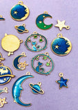 galaxy enamel enamelled cat moon star planet stars gold tone charms cats cute uk craft supplies blue green