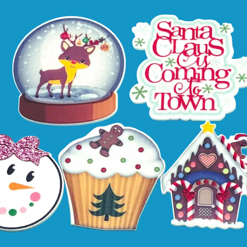 christmas festive planar acrylic large flat back flatback embellishment uk cute kawaii craft supplies santa is coming to town cupcake gingerbread man men house snow globe deer 