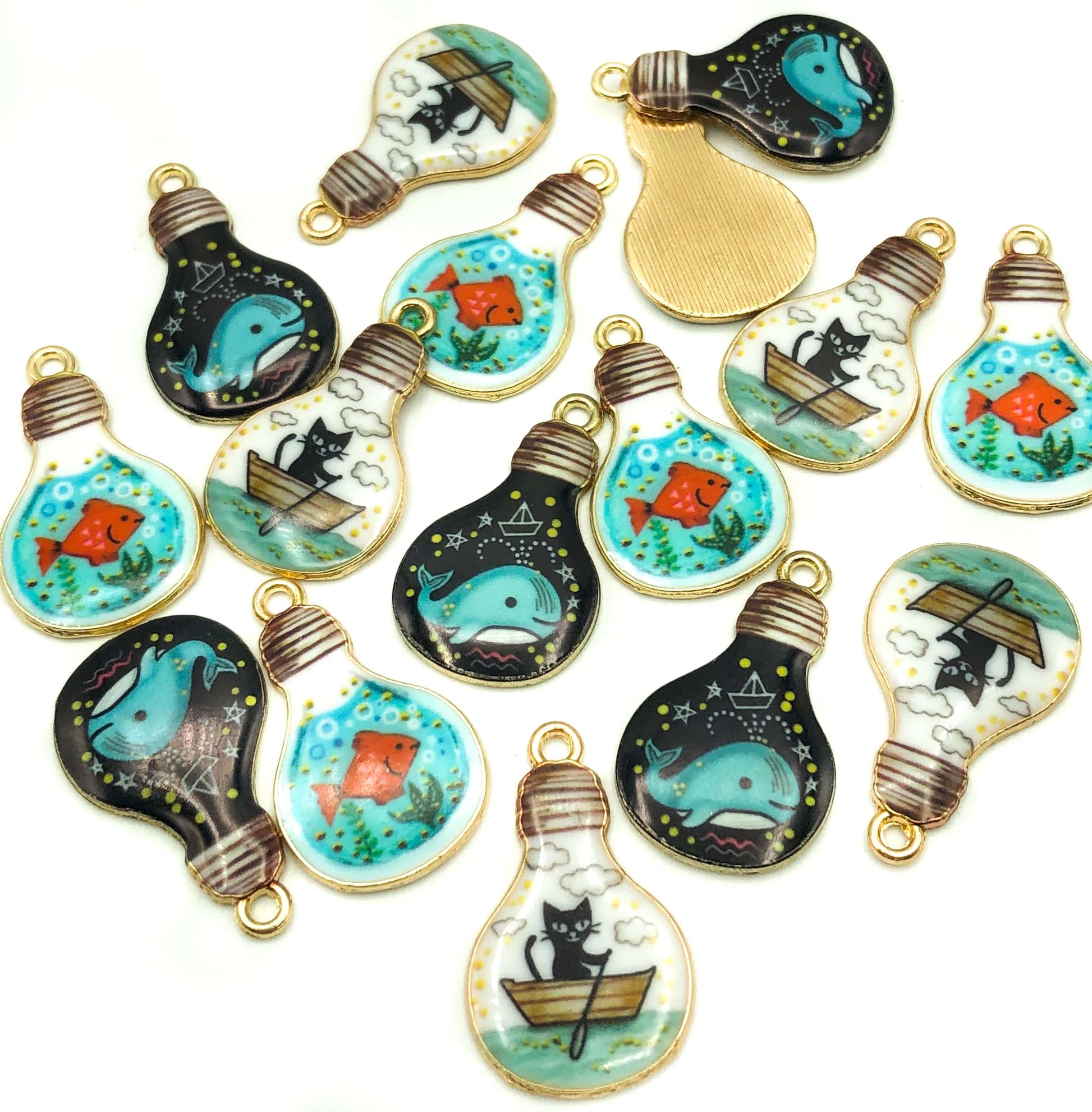 kawaii gold tone lightbulb charm charms metal enamel light bulb cat boat goldfish whale uk cute kawaii craft supplies