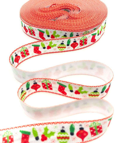festive red green and white christmas elastic ribbon foe ribbons cute kawaii uk craft supplies bauble holly present stocking fold over elastics