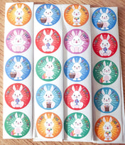 Happy Easter bunny rabbit rabbits bunnies bright coloured round 25mm sticker stickers seals packaging supplies cute kawaii uk white rabbit starburst eggs stationery