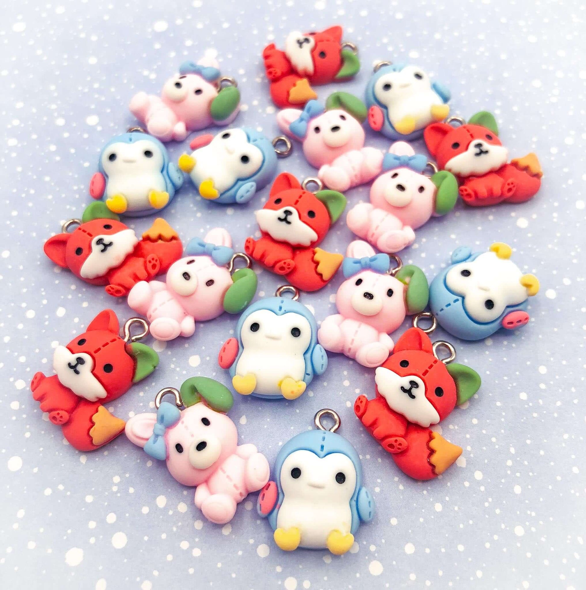 kawaii resin charm charms pendant fox foxes pink bunny rabbit rabbits blue and white penguin penguins cute kawaii uk craft supplies silver hook