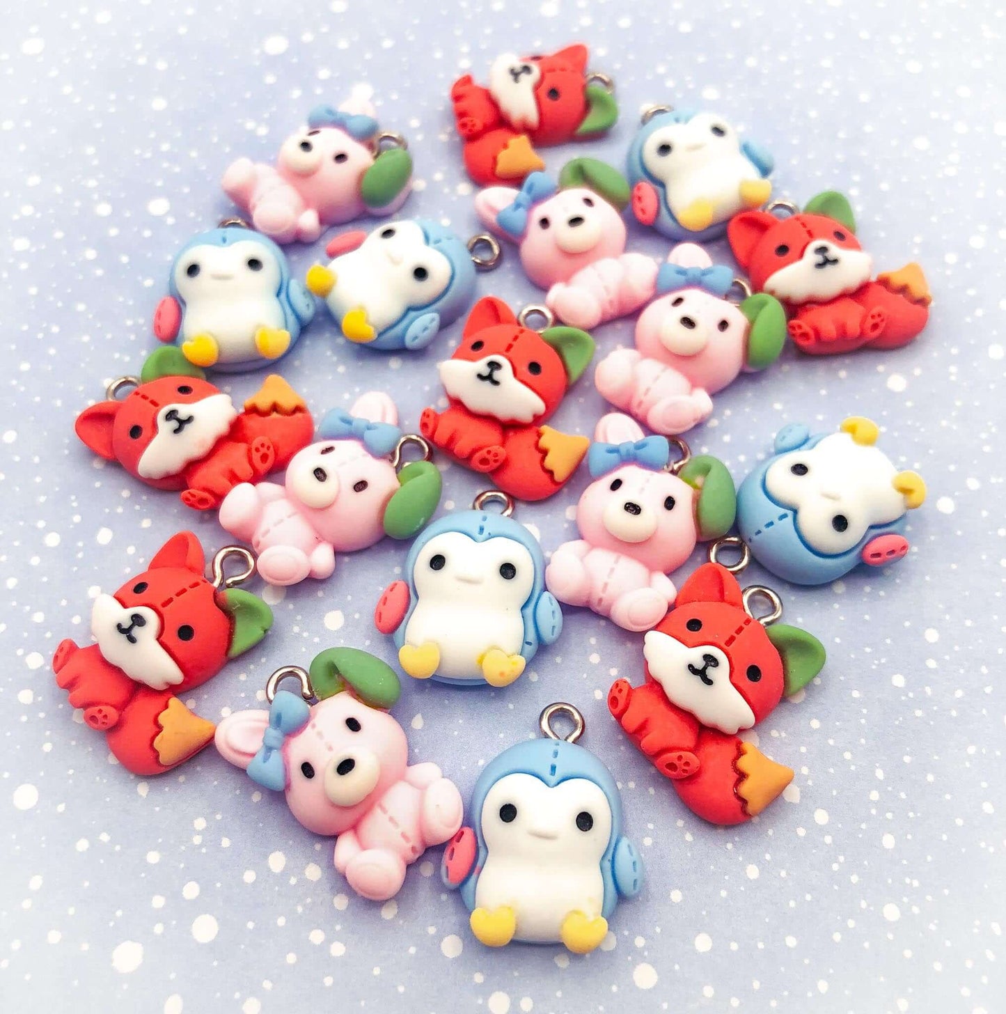 kawaii resin charm charms pendant fox foxes pink bunny rabbit rabbits blue and white penguin penguins cute kawaii uk craft supplies silver hook
